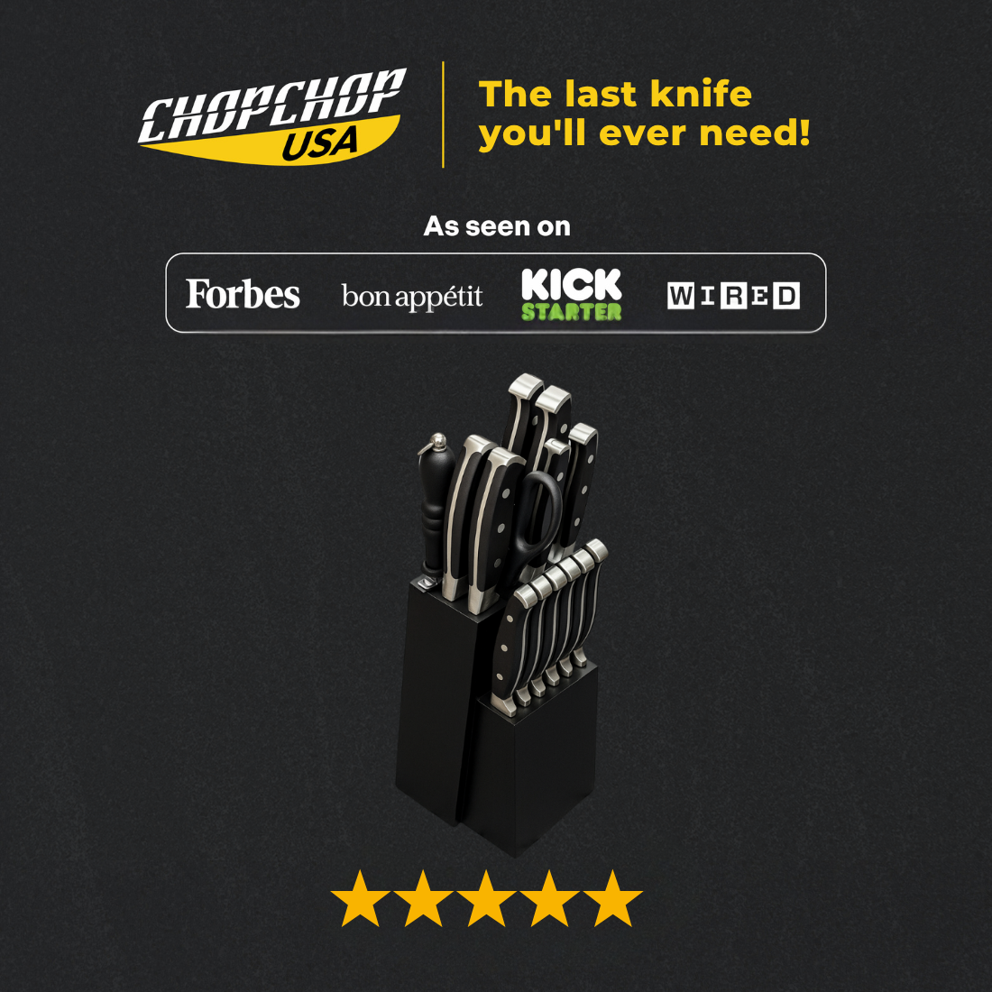 ChopChop USA stainless steel knife block set in black
