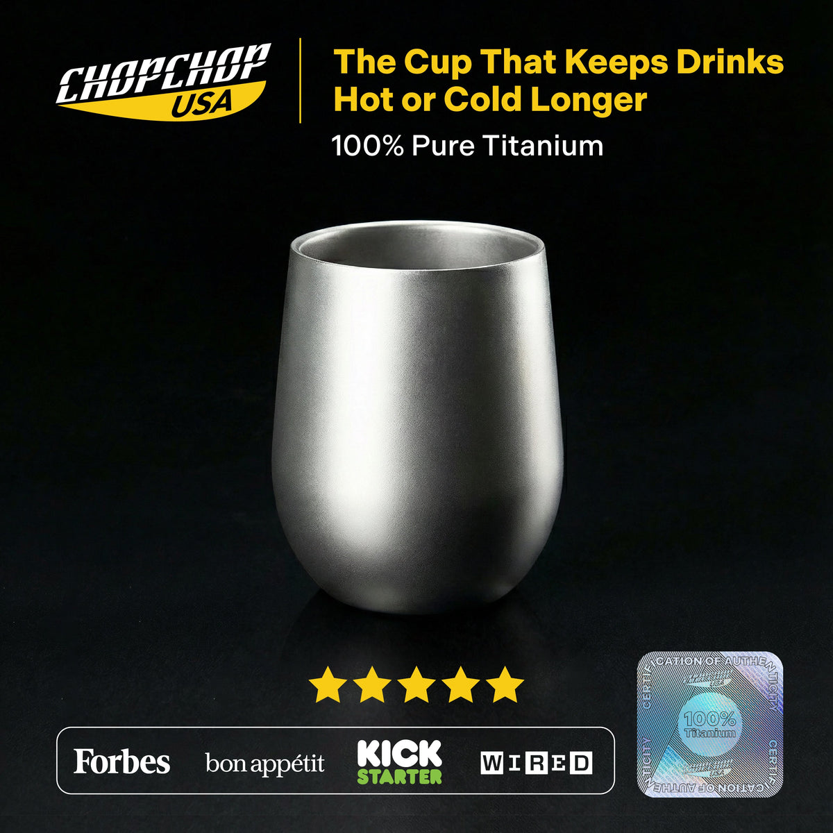 ChopChop USA titanium double wall insulated cup on a dark background
