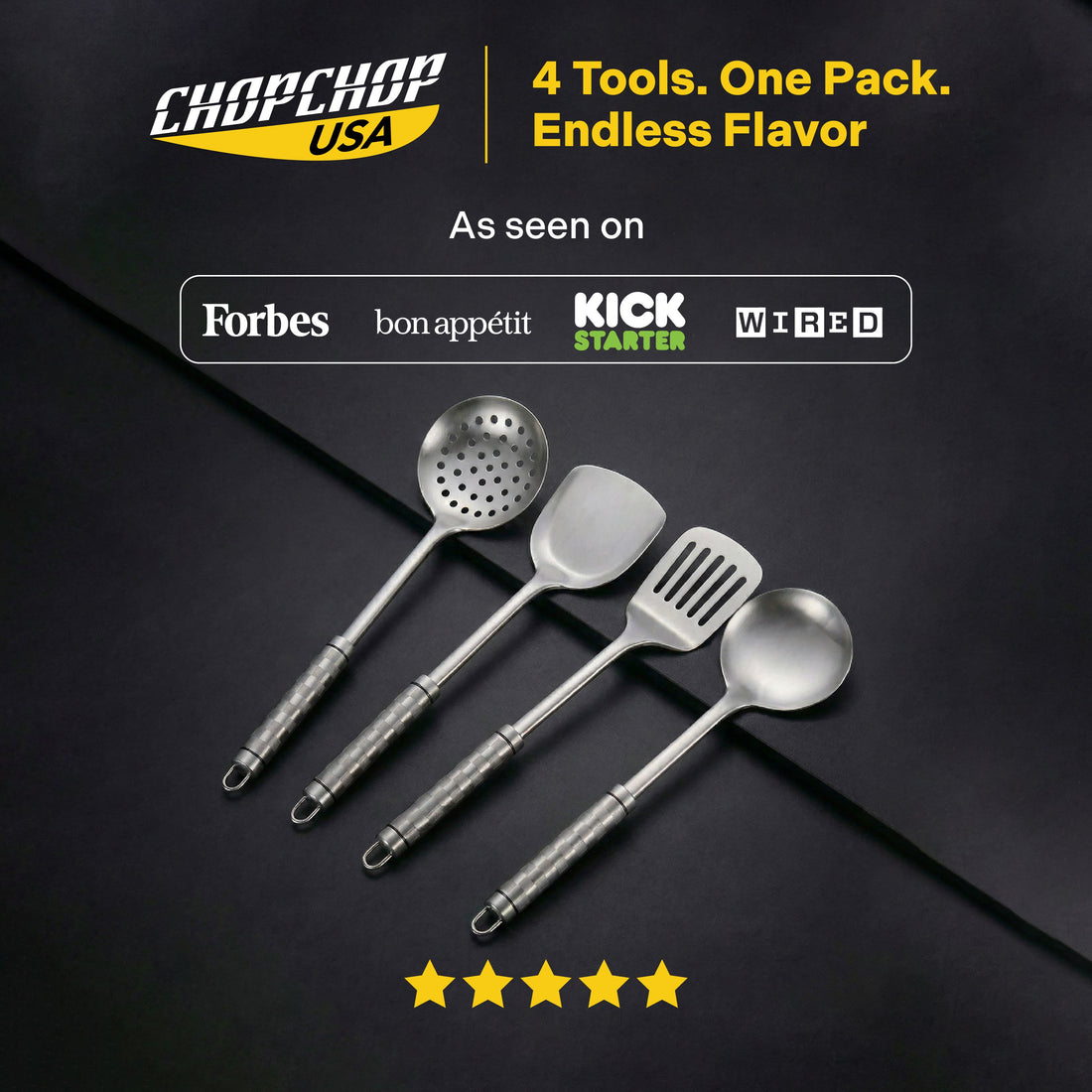 ChopChop USA pure titanium cooking utensils: turner, slotted spatula, ladle and slotted spoon