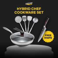 ChopChop USA hybrid chef cookware set: hybrid nonstick frying pan with lid, 4 titanium utensils and a free knife