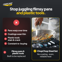 ChopChop steel chef cookware set compared with ordinary alternatives: Stop juggling flimsy pans and plastic tools