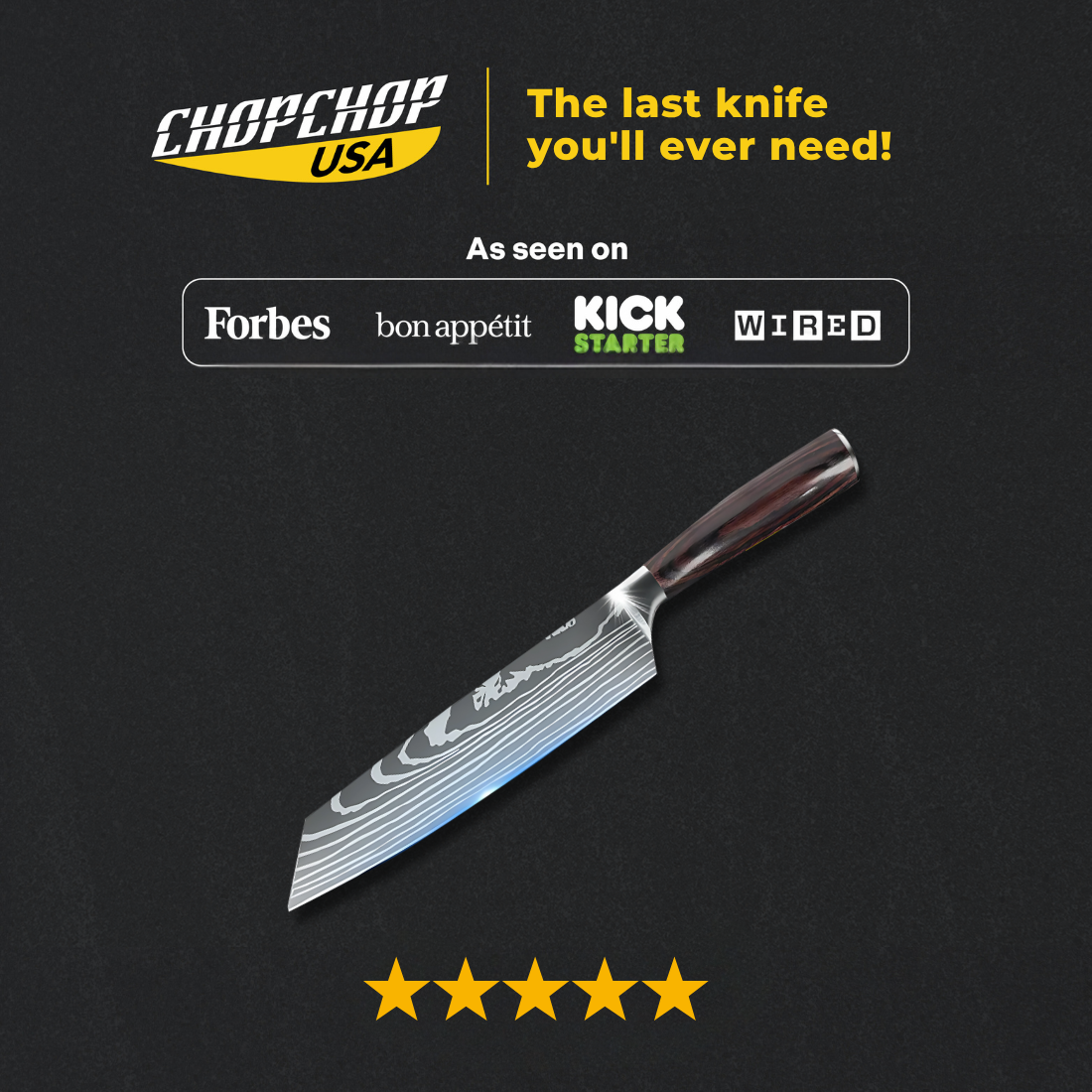 ChopChop USA Japanese kiritsuke knife with Damascus-pattern blade