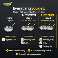Everything you get with the ChopChop titanium frying pan: Buy 1, 2 or 3 bundles with free gifts