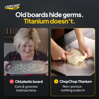 ChopChop titanium cutting board compared with ordinary alternatives: Old boards hide germs. Titanium doesn’t