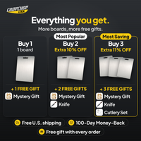 Everything you get with the ChopChop titanium cutting board: Buy 1, 2 or 3 bundles with free gifts