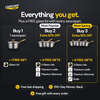 Everything you get with the ChopChop titanium saucepan: Buy 1, 2 or 3 bundles with free gifts