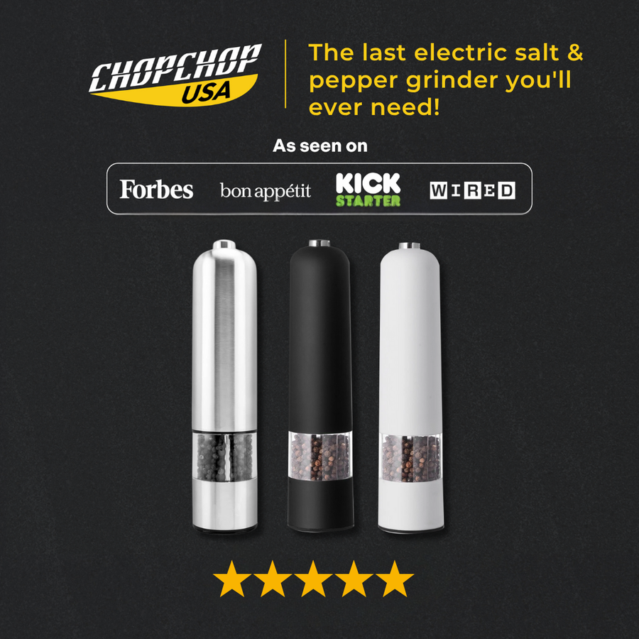 ChopChop USA electric salt and pepper grinder in silver, black and white
