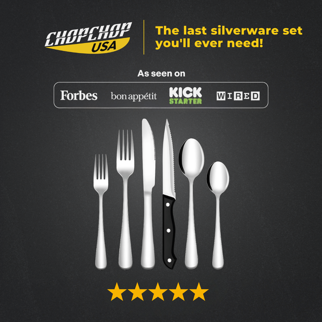 ChopChop USA 24-piece stainless steel silverware set: forks, knives and spoons on a dark background
