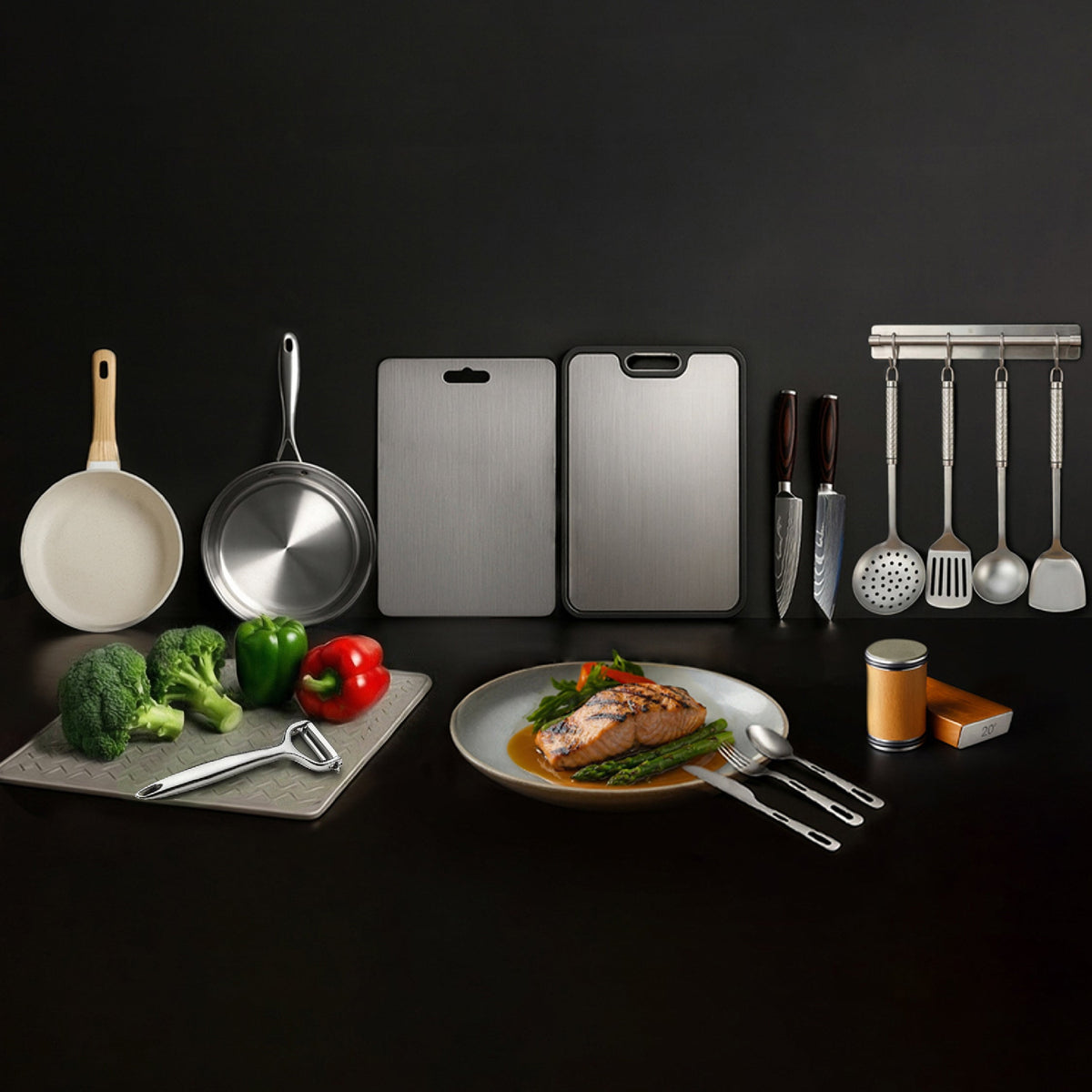 ChopChop USA titanium cutting boards, pans and knives in a bright home kitchen
