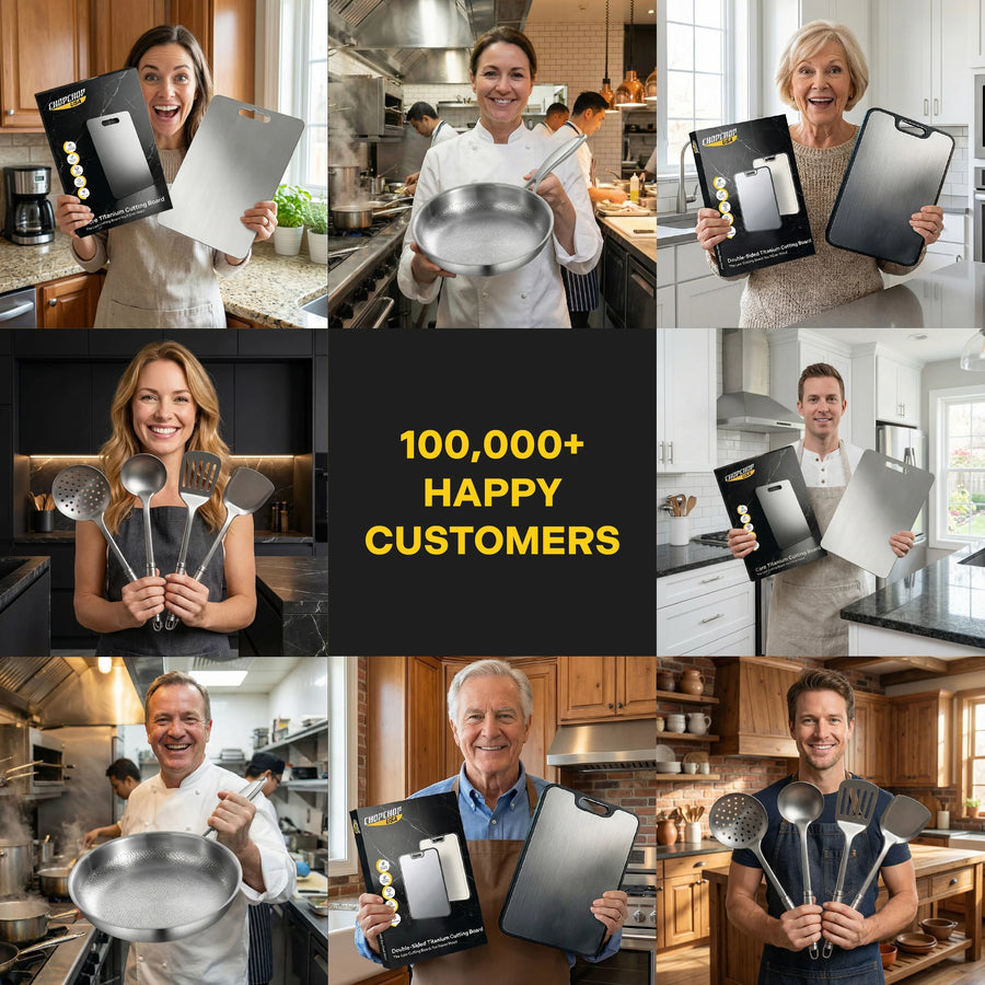 ChopChop USA customers in their kitchens with titanium cutting boards, pans and utensils