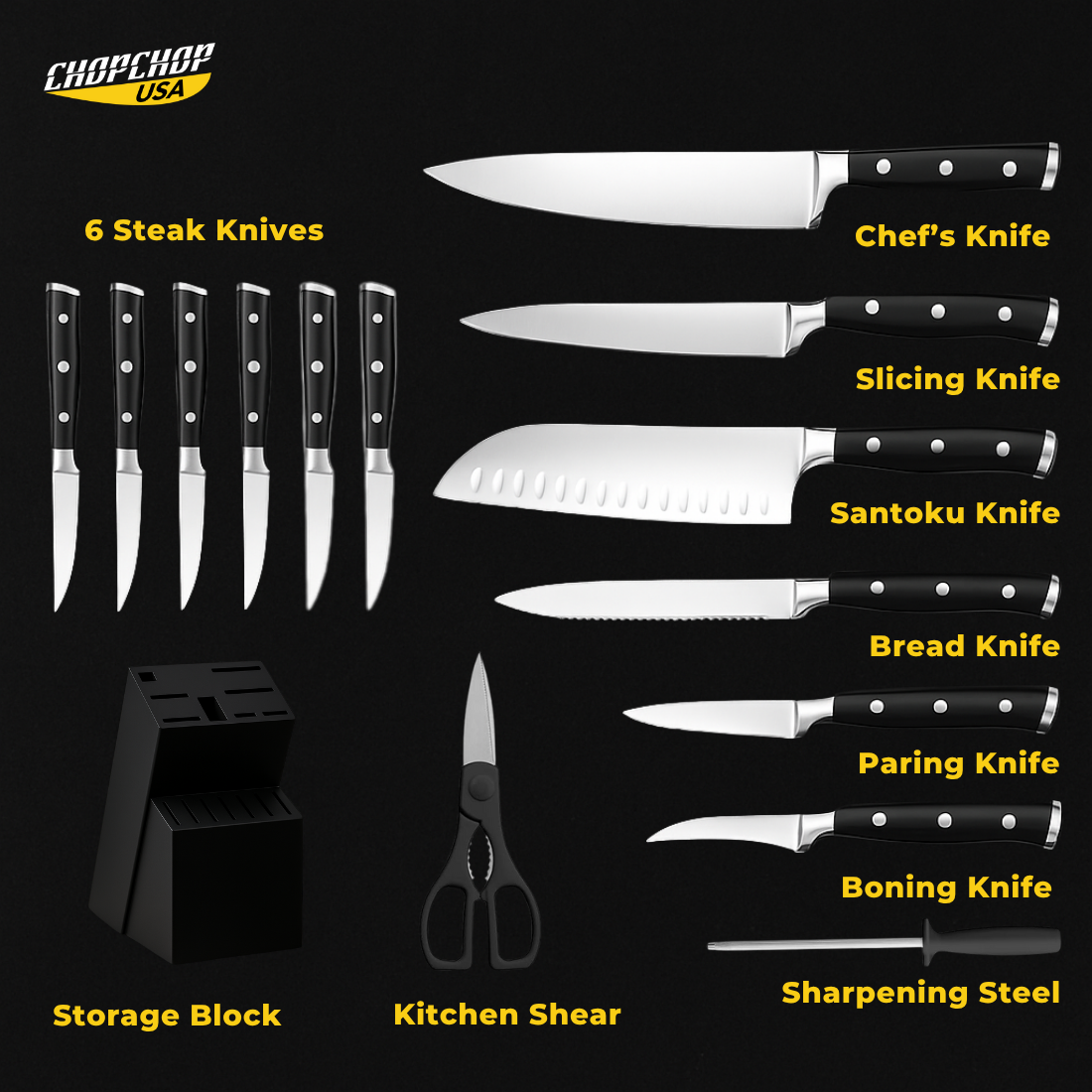 ChopChop USA  Stainless Steel Knife Block Set