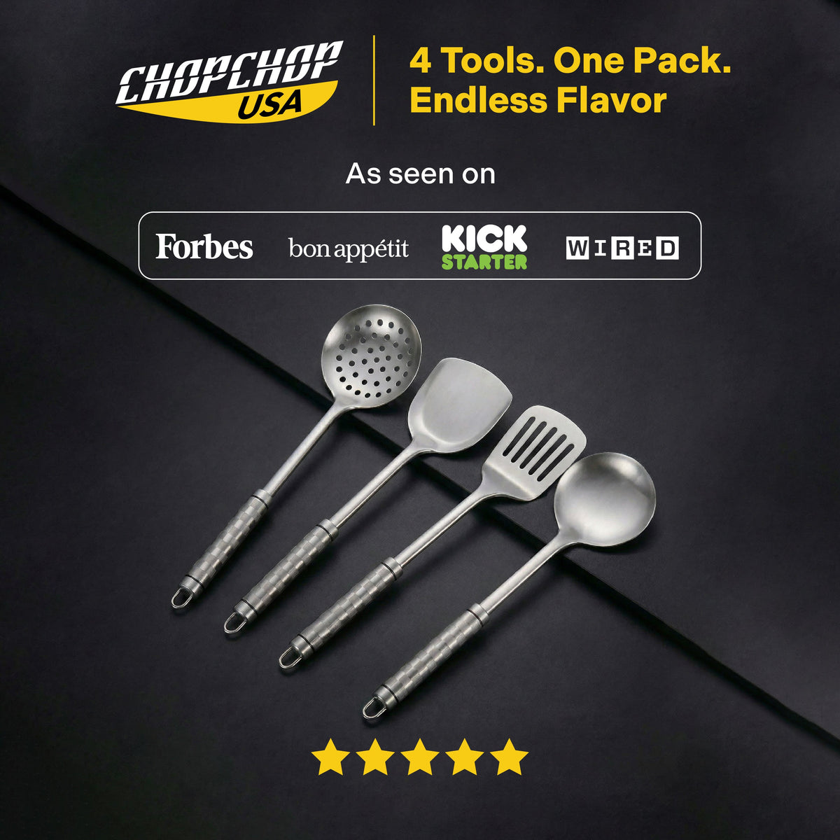 ChopChop USA pure titanium cooking utensils: turner, slotted spatula, ladle and slotted spoon