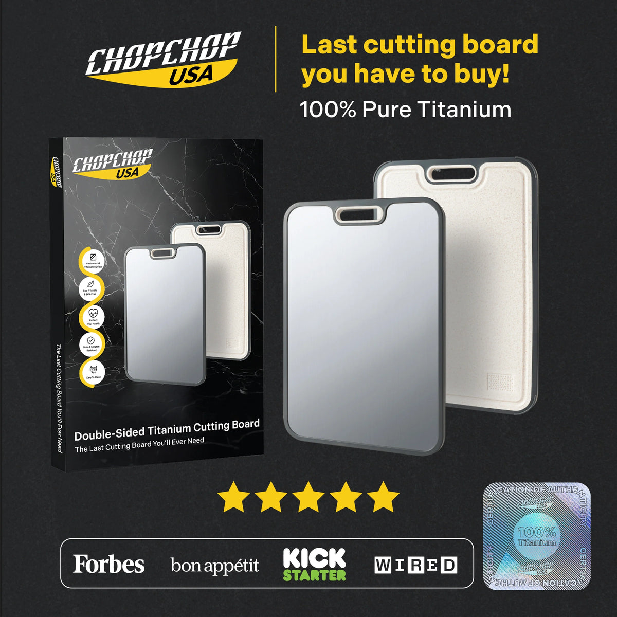 ChopChop USA double-sided titanium cutting board with its box, titanium side and wheat-fiber side