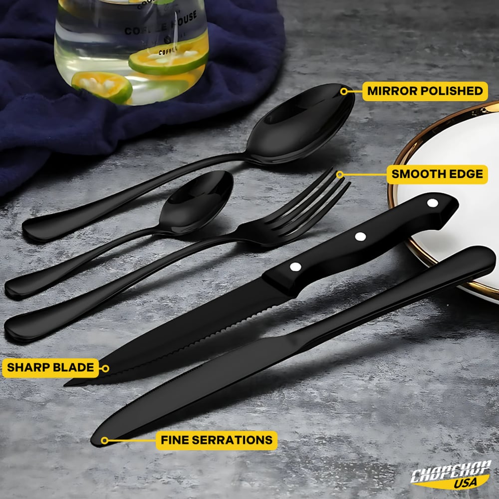 Black silverware set close-up: mirror polished, smooth edge, sharp blade