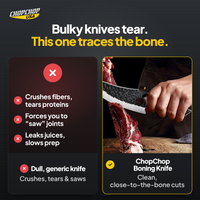 ChopChop boning knife compared with ordinary alternatives: Bulky knives tear. This one traces the bone