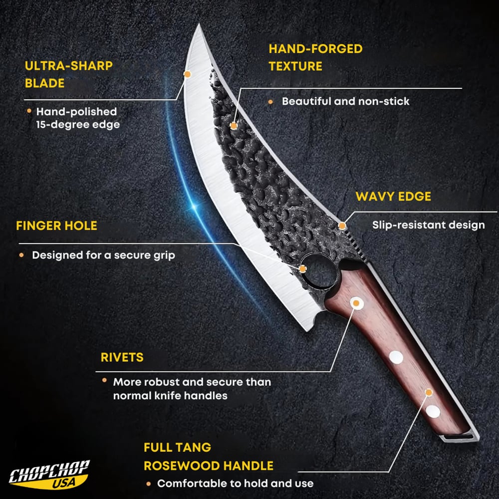Boning knife features: ultra-sharp blade, hand-forged texture, finger hole, wavy edge, rivets, full tang rosewood handle