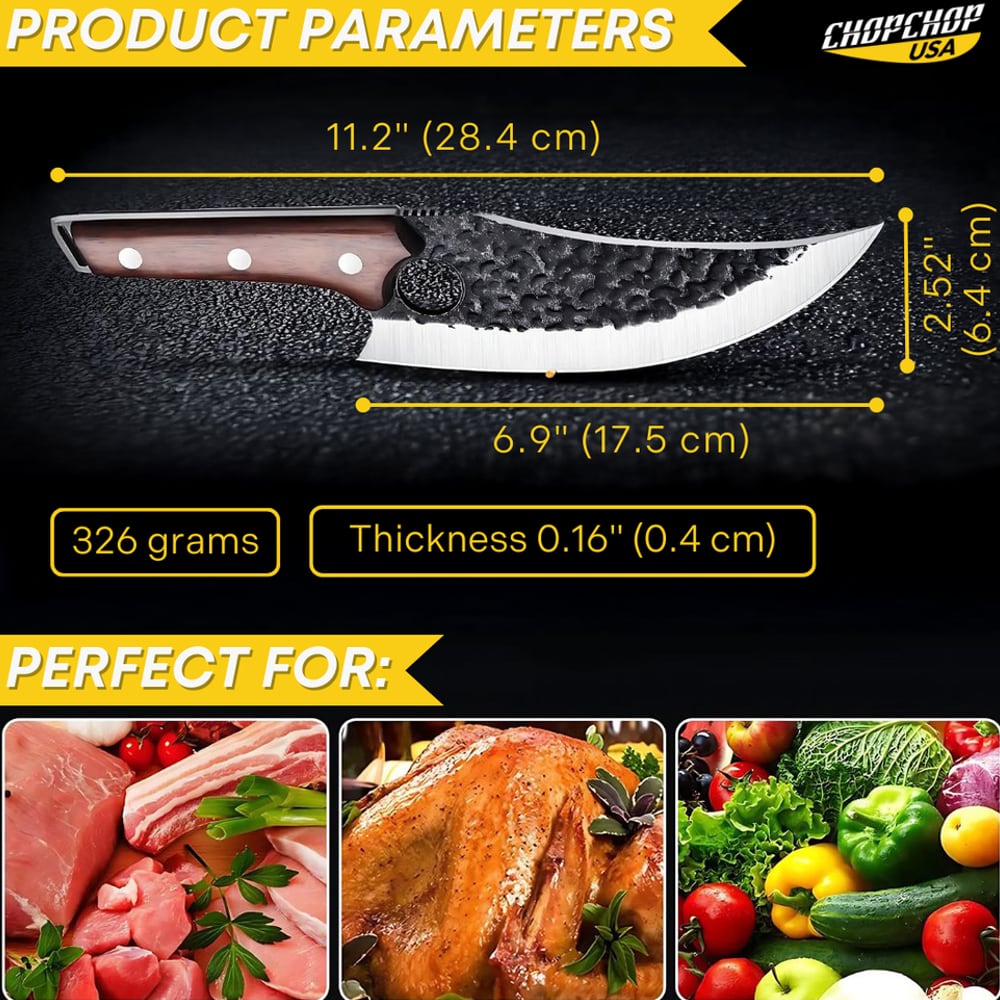 Boning knife parameters: 11.2 inch overall, 6.9 inch blade, 2.52 inch height, 326 grams