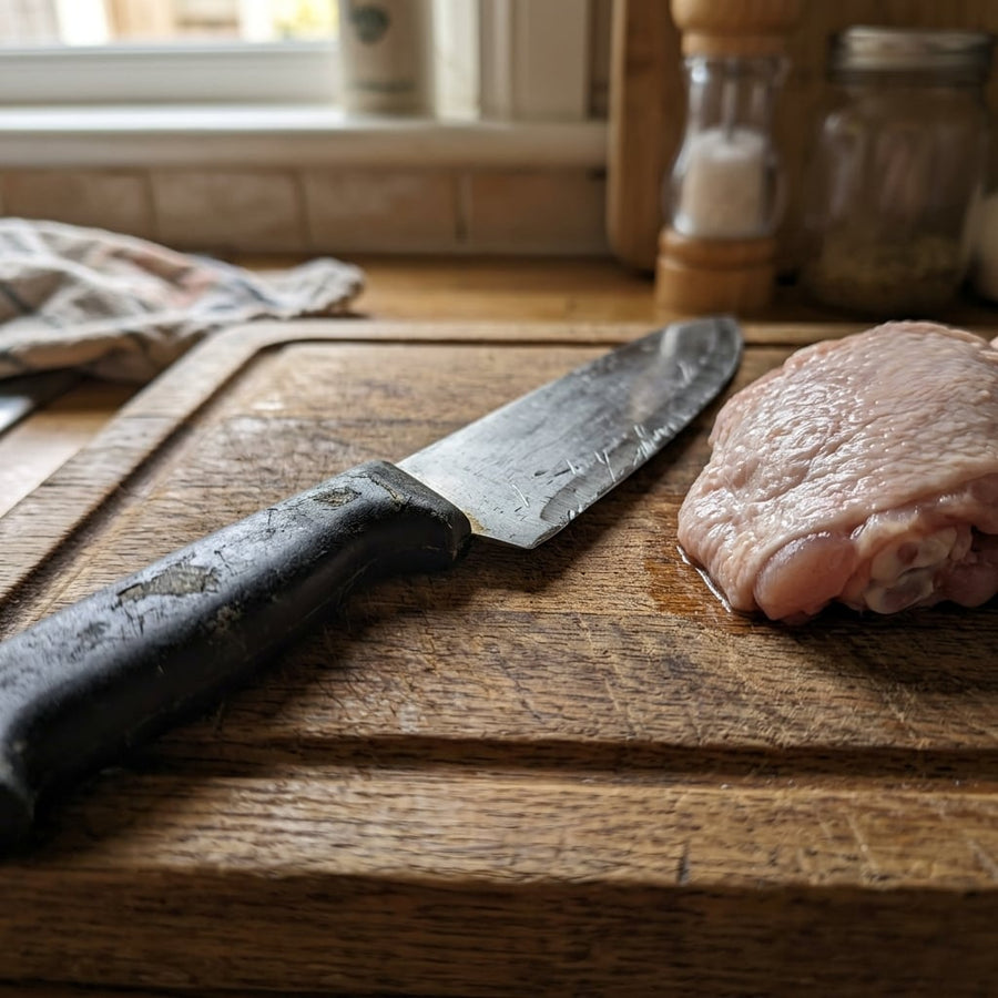 Dull, nicked generic kitchen knife on a cutting board next to raw chicken