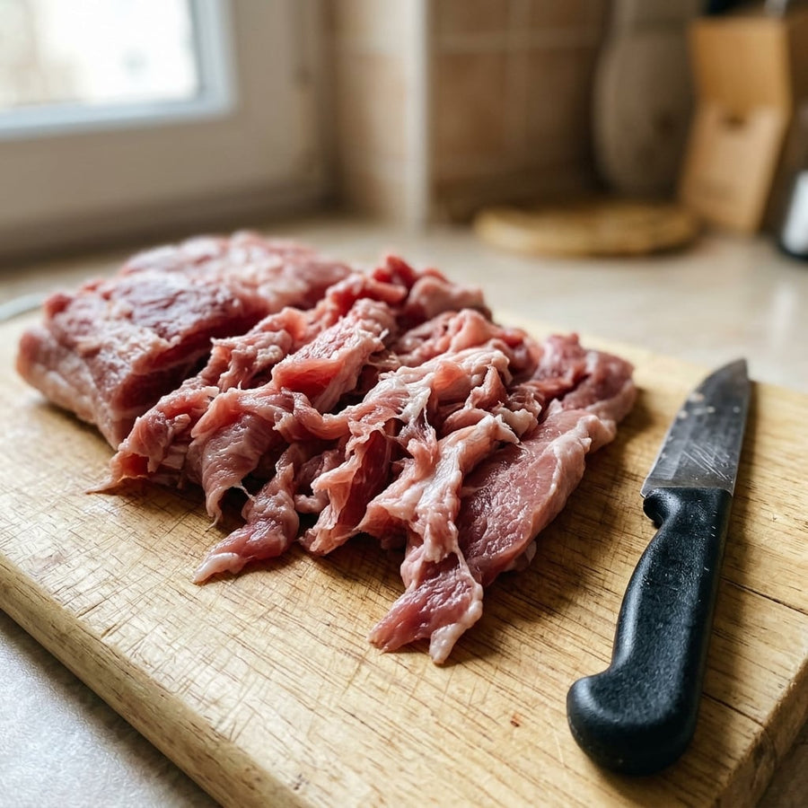 Raw pork with ragged, torn cuts on a cutting board beside a cheap knife