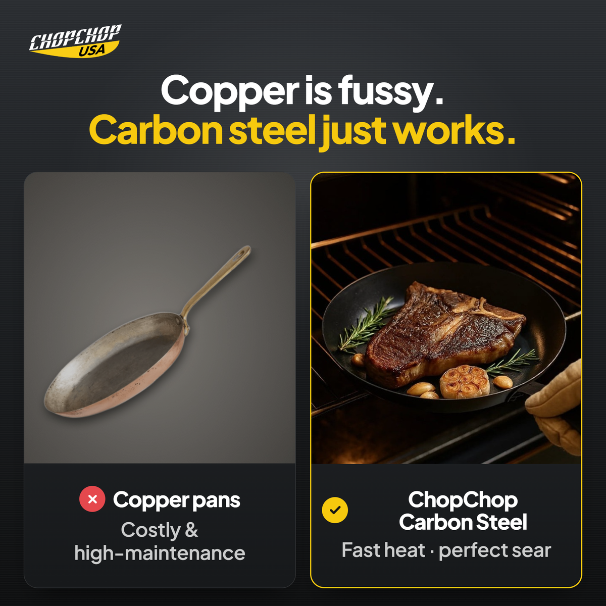 ChopChop carbon steel pan compared with ordinary alternatives: Copper is fussy. Carbon steel just works