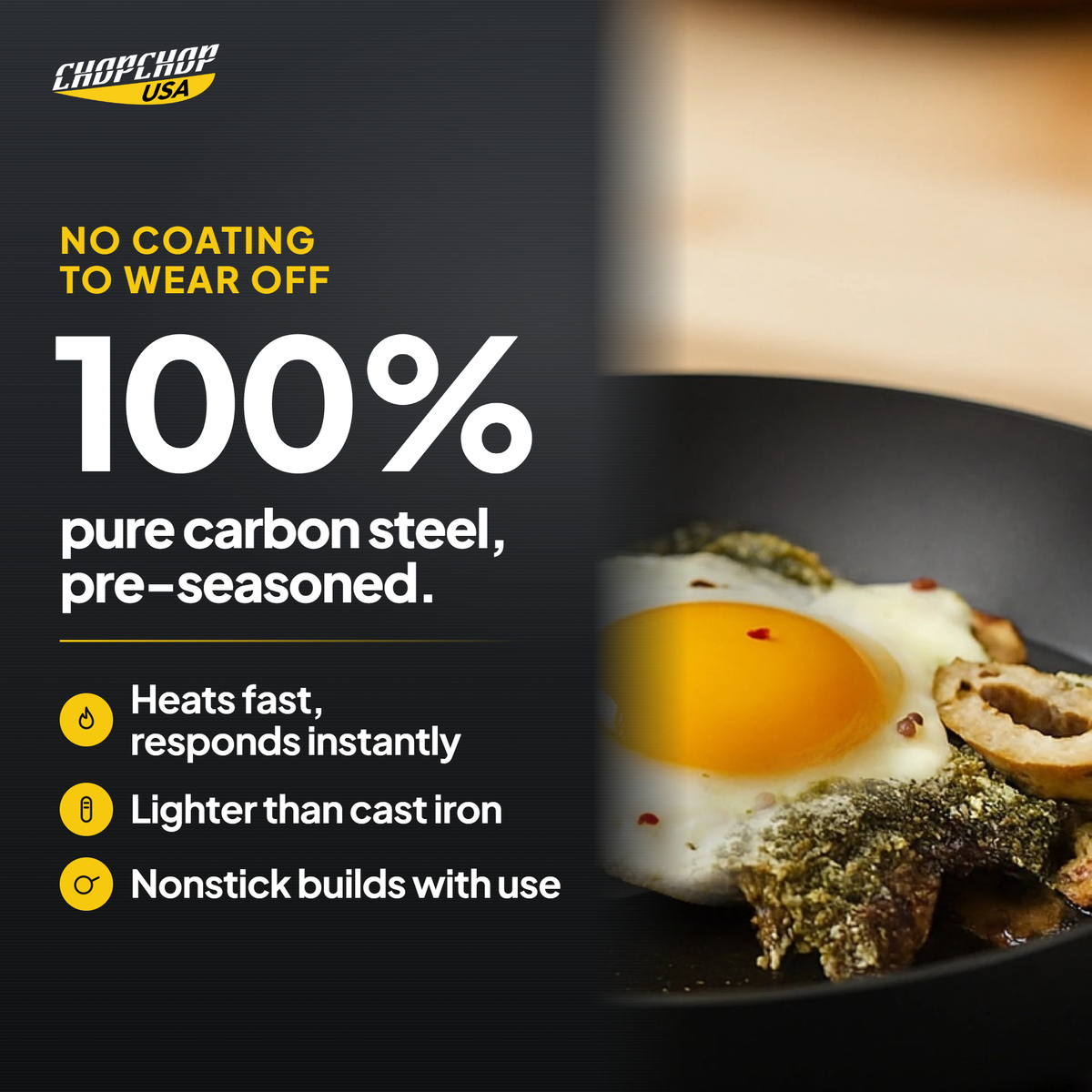 100% pure carbon steel, pre-seasoned, no coating to wear off – ChopChop carbon steel pan