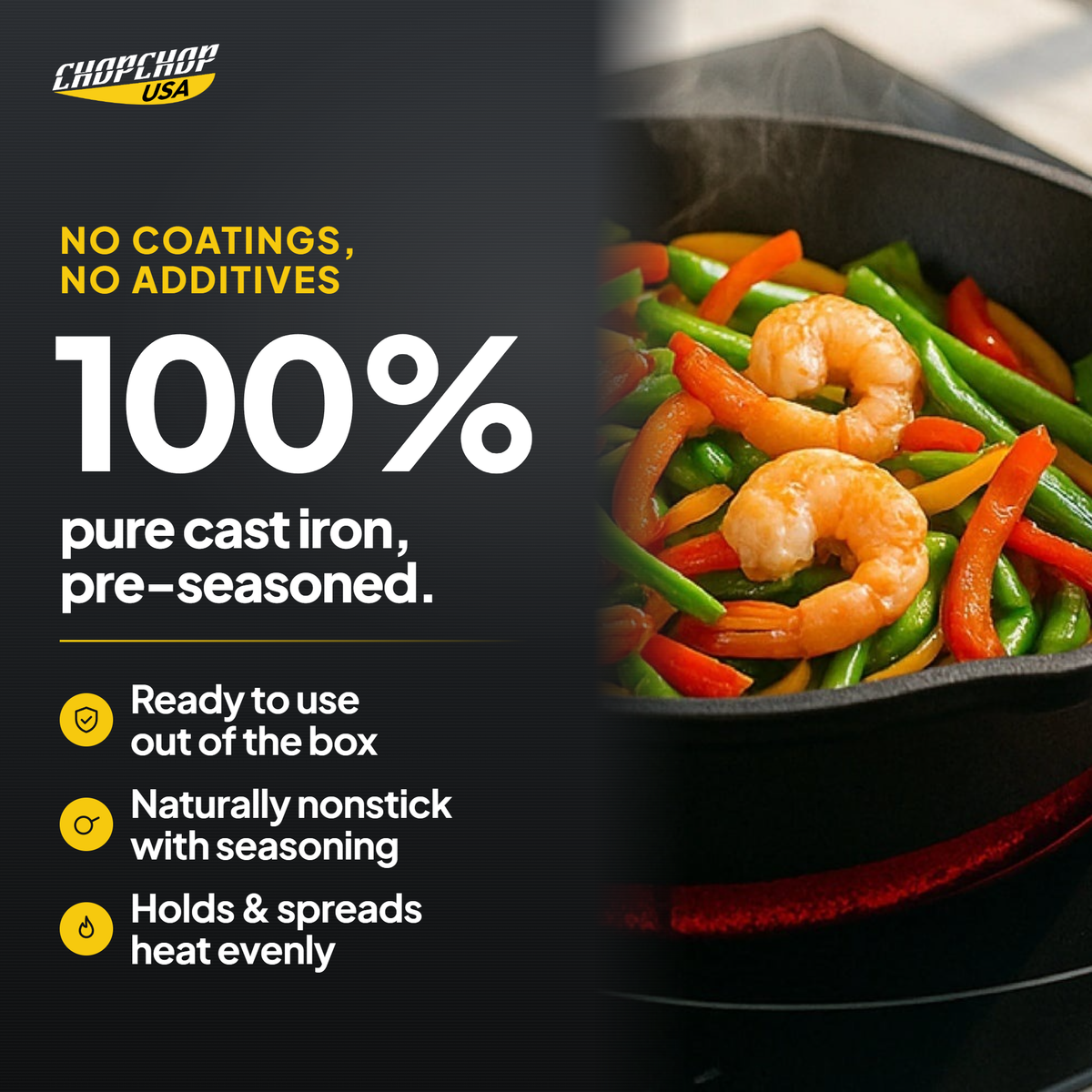 100% pure cast iron, pre-seasoned, no coatings or additives – ChopChop cast iron skillet