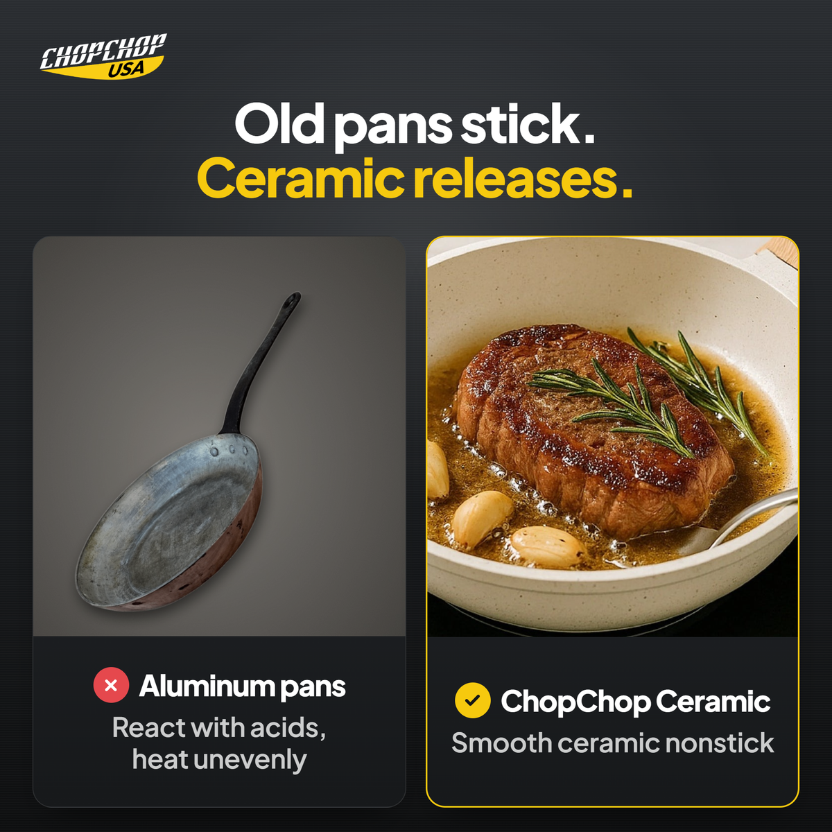 ChopChop ceramic frying pan compared with ordinary alternatives: Old pans stick. Ceramic releases