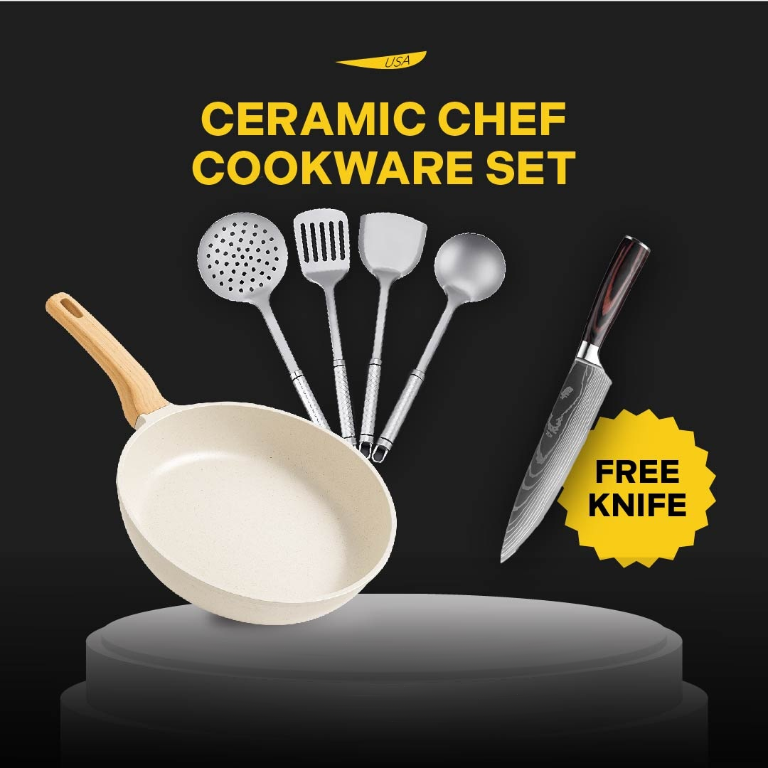 ChopChop USA ceramic chef cookware set: ceramic frying pan, 4 titanium utensils and a free knife