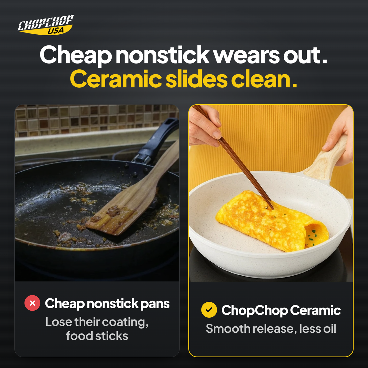 ChopChop ceramic chef cookware set compared with ordinary alternatives: Cheap nonstick wears out. Ceramic slides clean
