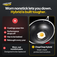 ChopChop hybrid chef cookware set compared with ordinary alternatives: Worn nonstick lets you down. Hybrid is built tougher