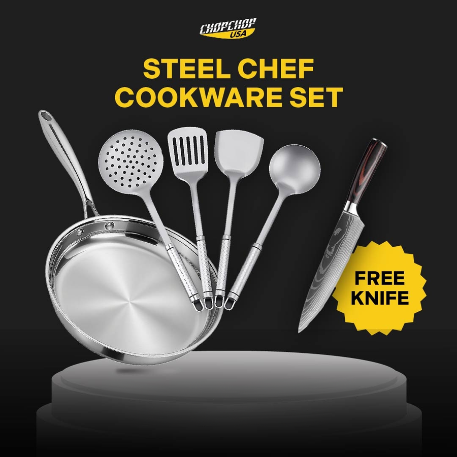 ChopChop USA steel chef cookware set: stainless steel frying pan, 4 titanium utensils and a free knife