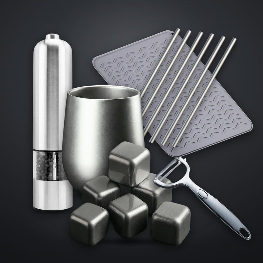ChopChop USA kitchen accessories: grinder, cup, ice cubes, straws, mat and peeler