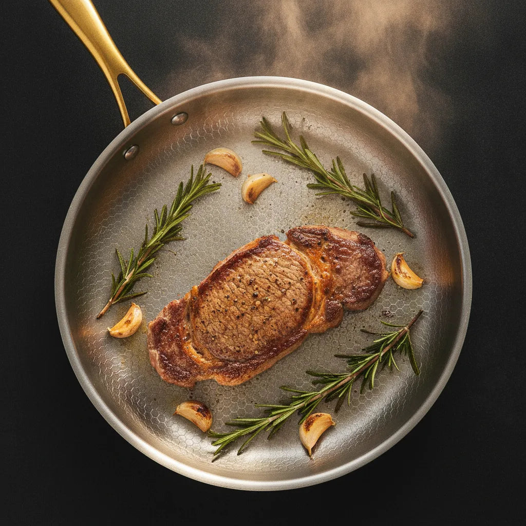 A steak searing with rosemary in the titanium pan