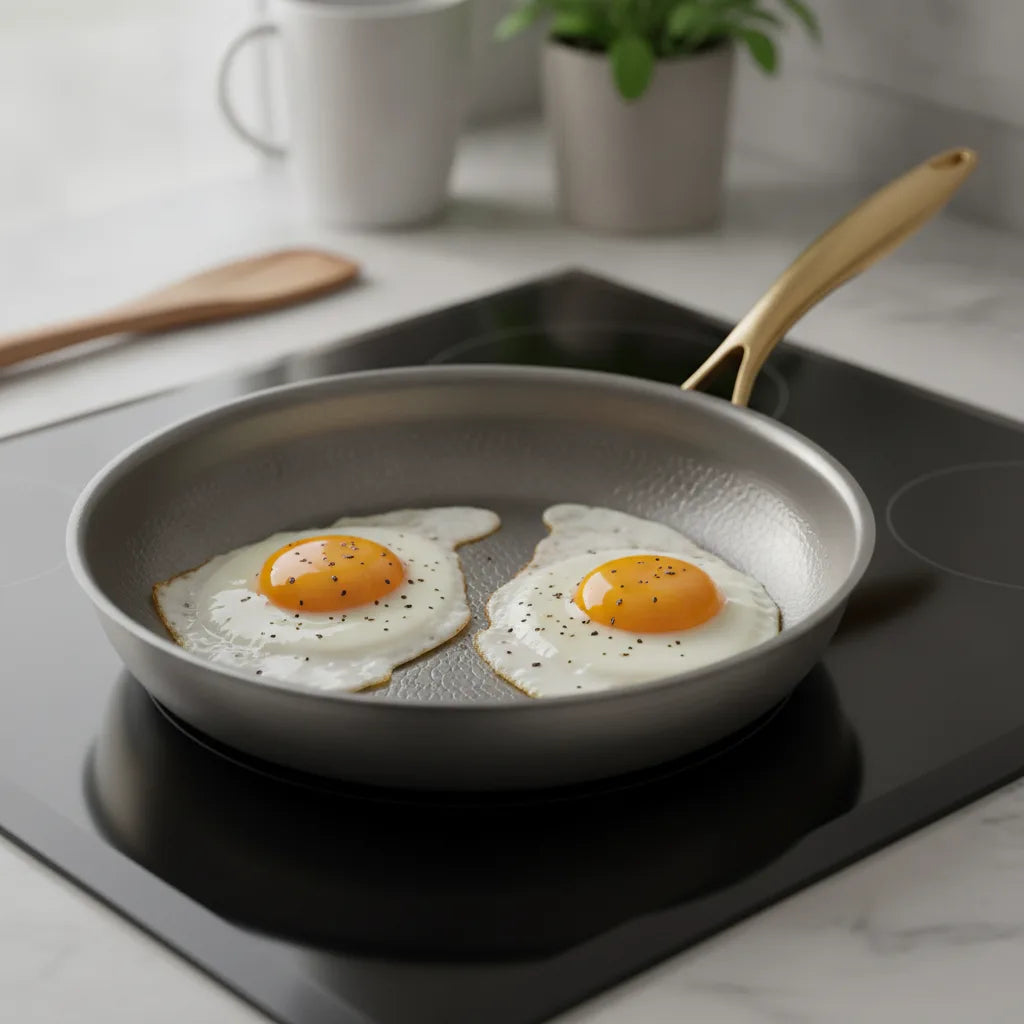 Fried eggs sliding in the titanium pan