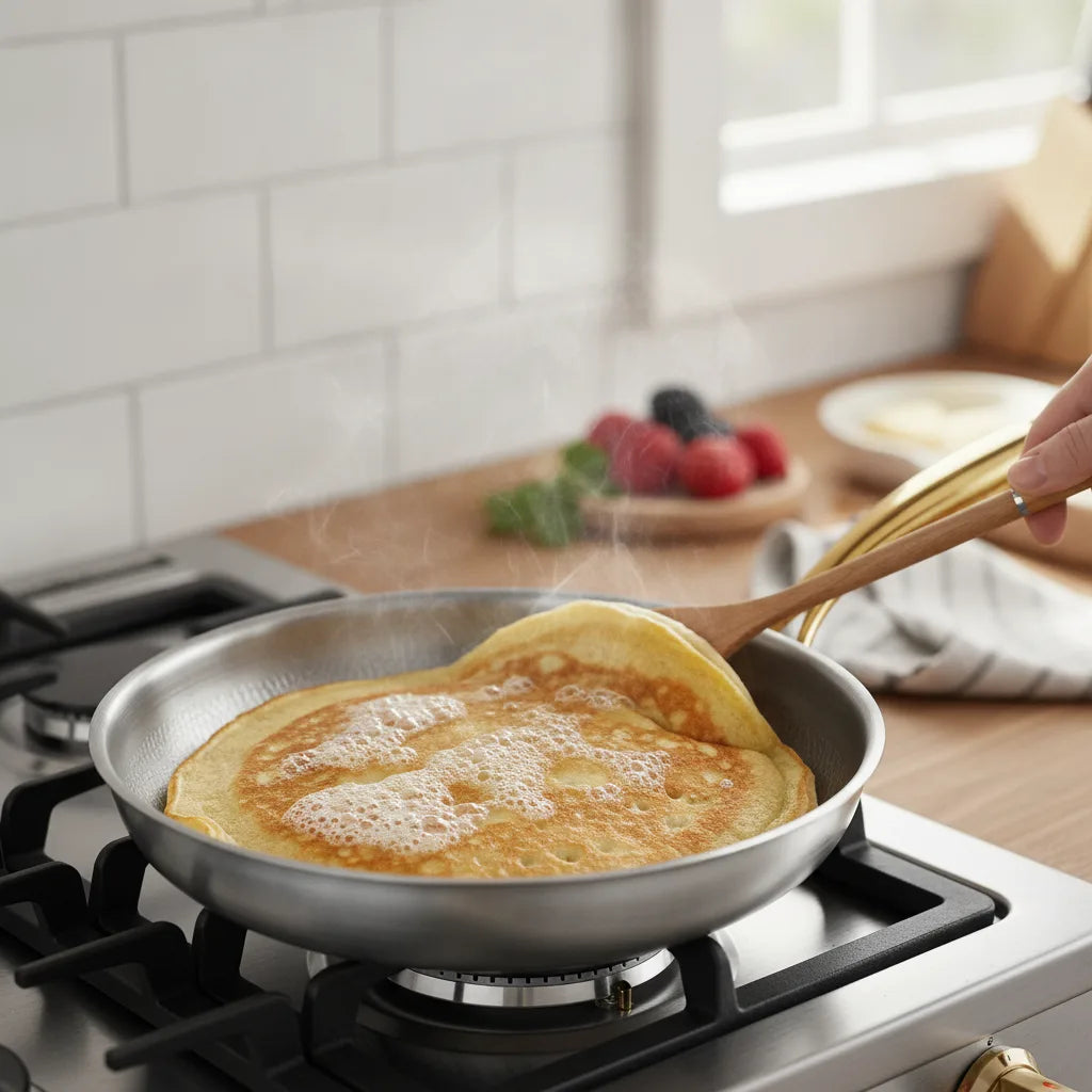 A pancake cooking in the titanium pan on the stove