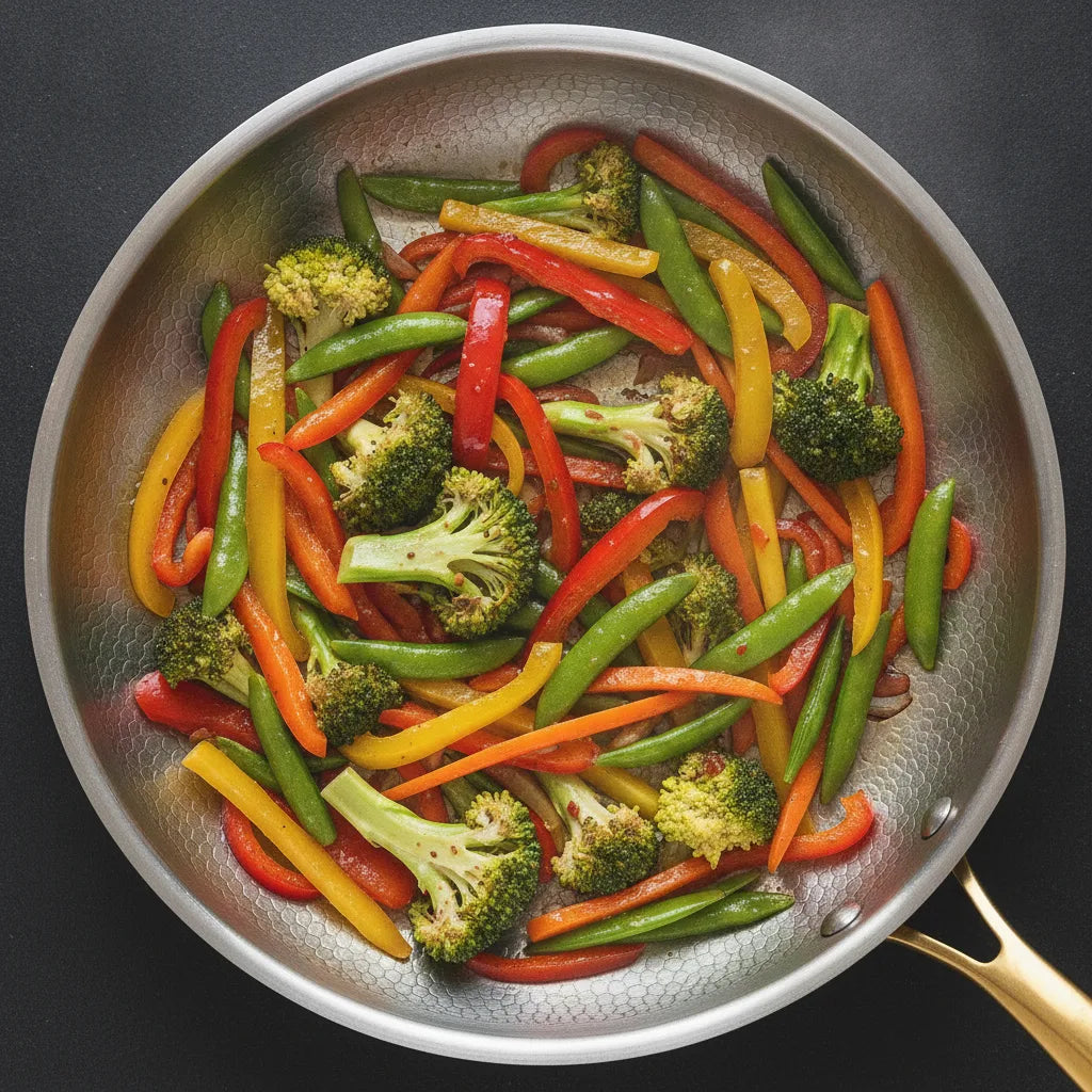 Colorful vegetable stir-fry in the titanium pan