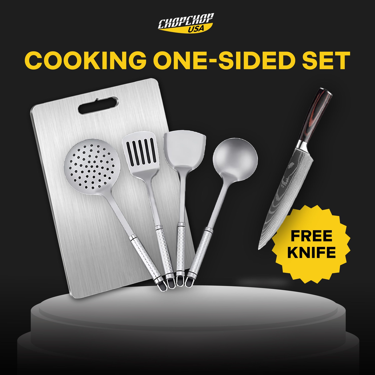 ChopChop USA cooking one-sided set: titanium cutting board, titanium utensil set and a free knife
