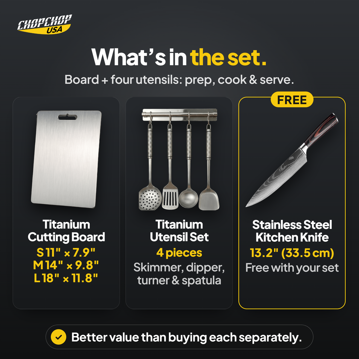What’s in the set – ChopChop titanium cutting board and utensil set contents