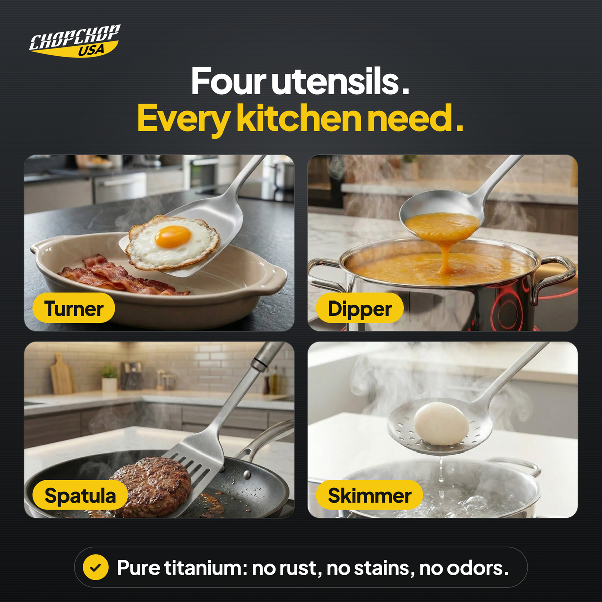 Four utensils. Every kitchen need – ChopChop titanium cutting board and utensil set