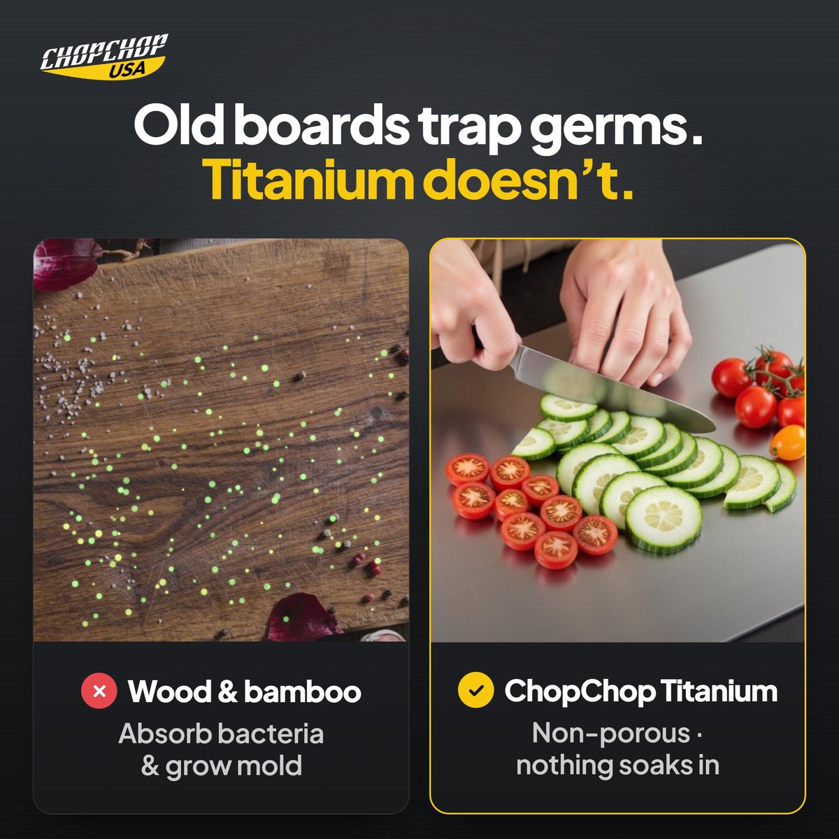 ChopChop titanium cutting board and utensil set compared with ordinary alternatives: Old boards trap germs. Titanium doesn’t