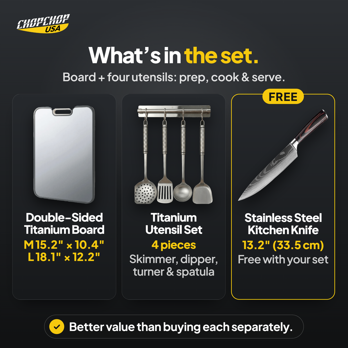 What’s in the set – ChopChop double-sided titanium cutting board and utensil set contents