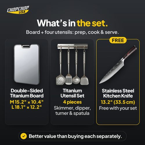 What’s in the set – ChopChop double-sided titanium cutting board and utensil set contents