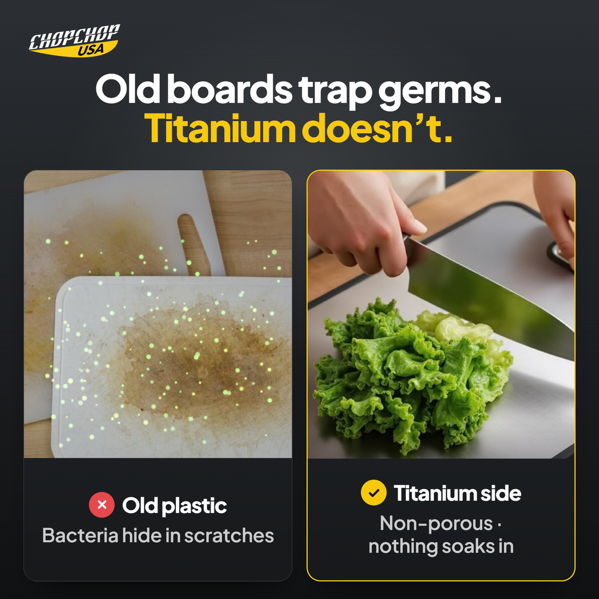 ChopChop double-sided titanium cutting board and utensil set compared with ordinary alternatives: Old boards trap germs. Titanium doesn’t