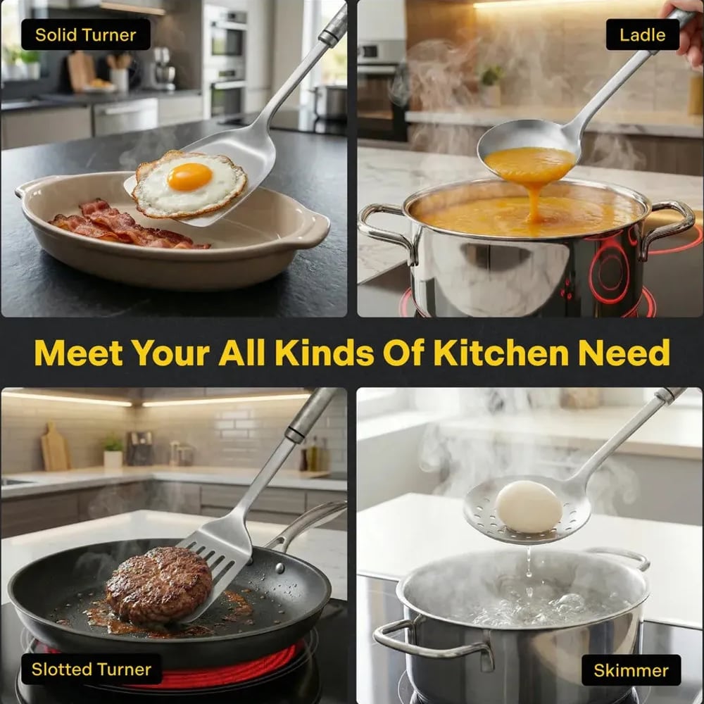 Titanium utensils used for eggs, soup, steak and skimming