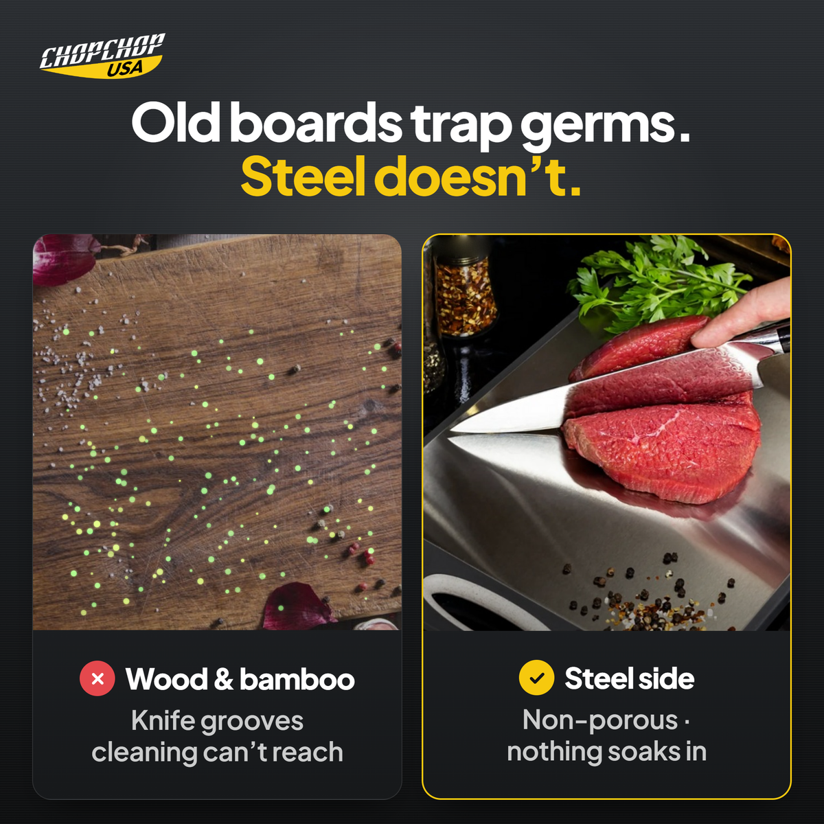 ChopChop double-sided stainless steel cutting board compared with ordinary alternatives: Old boards trap germs. Steel doesn’t