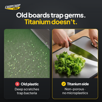ChopChop double-sided titanium cutting board compared with ordinary alternatives: Old boards trap germs. Titanium doesn’t