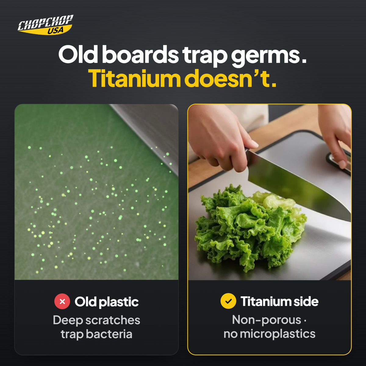 ChopChop double-sided titanium cutting board compared with ordinary alternatives: Old boards trap germs. Titanium doesn’t
