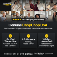 Genuine ChopChop USA double-sided titanium cutting board, sold at chopchopusa.com and our official Amazon store, with 100-day money-back guarantee
