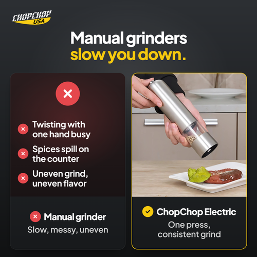 ChopChop electric salt and pepper grinder compared with ordinary alternatives: Manual grinders slow you down