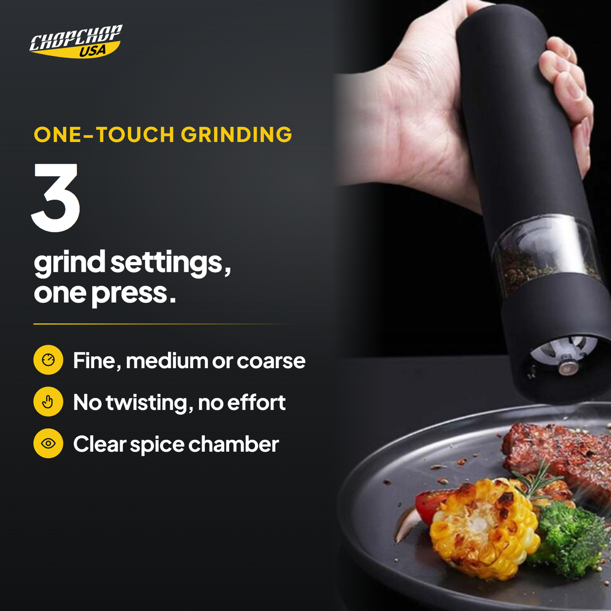 3 grind settings with one-touch grinding – ChopChop electric salt and pepper grinder